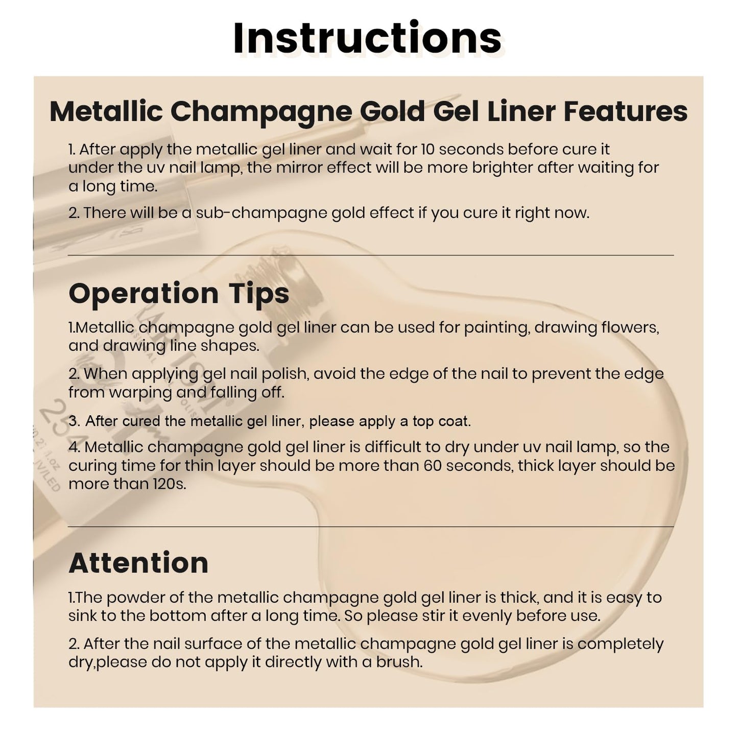 RARJSM Metallic Chrome Gel Liner Nail Art Champagne Gold 3D Mirror Effect Gel Nail Polish 8ml Build in Thin Brush Metal Painted Drawing Striper Painting GelPolish Soak off Curing Requires Home Salon