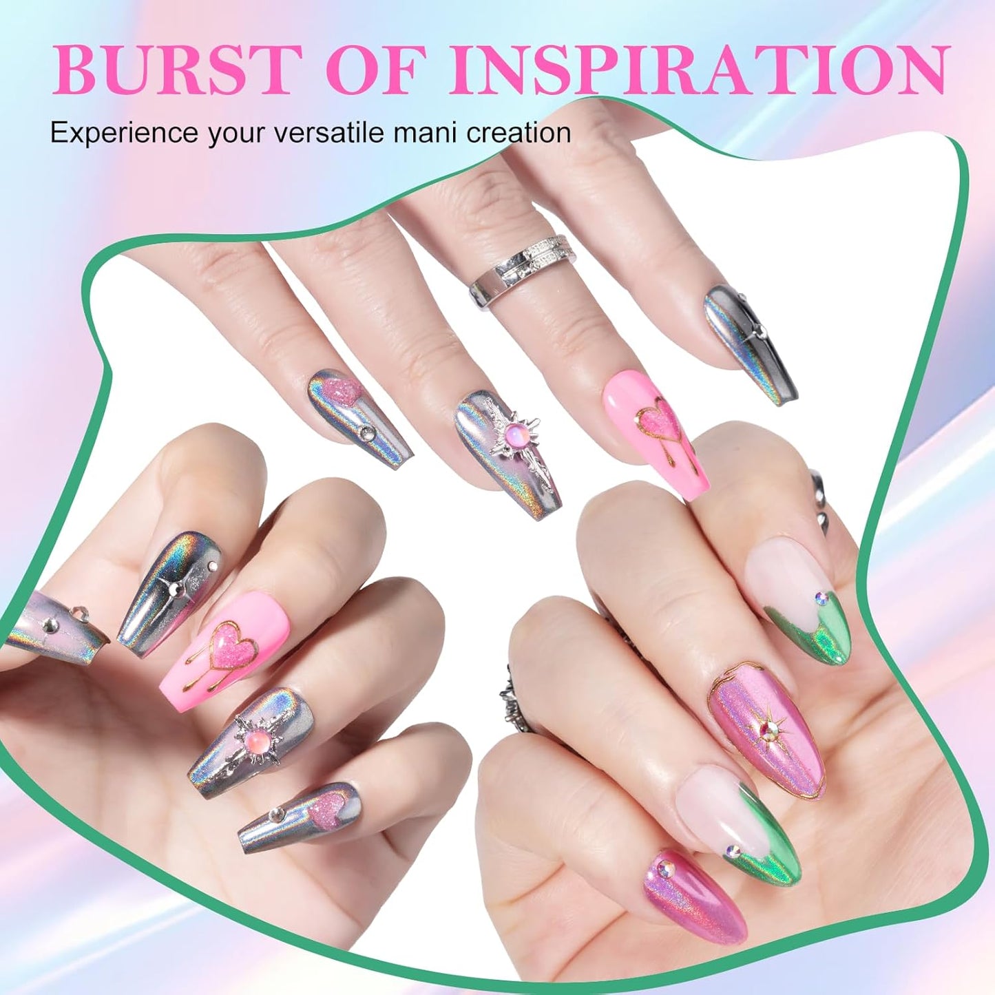 NXJ INFILILA Holographic Chrome Nail Powder, 4 Colors Gold, Silver, Pink, Green Rainbow Unicorn Iridescent Glitter Pigment Dust for Nail Art Design Professional Salon & Home Use