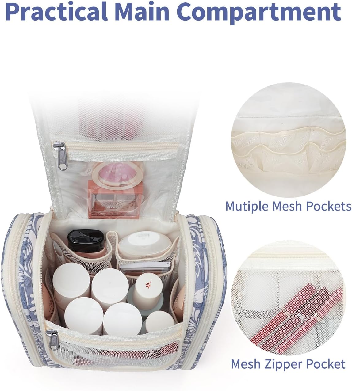 Narwey Small Hanging Toiletry Bag Women Travel Makeup Bag Organizer Toiletries Bag for Travel Size Essentials Accessories Cosmetics (Medium, Blue Leaf)