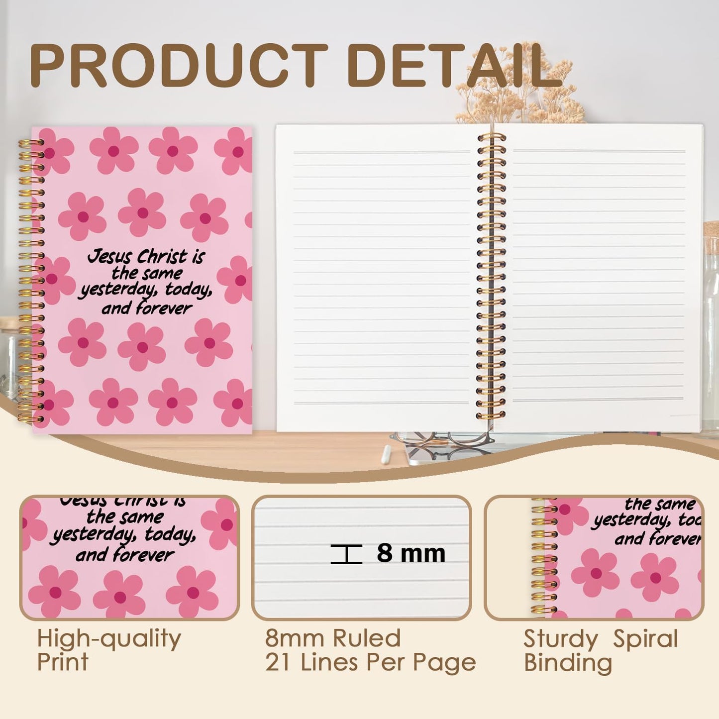 Pink Floral Christian Spiral Journal Notebook 5.5x8.3in, Jesus Journal for Women, Prayer Journals for Woman, Religious Notebooks for Note Taking, Hardcover Notebook