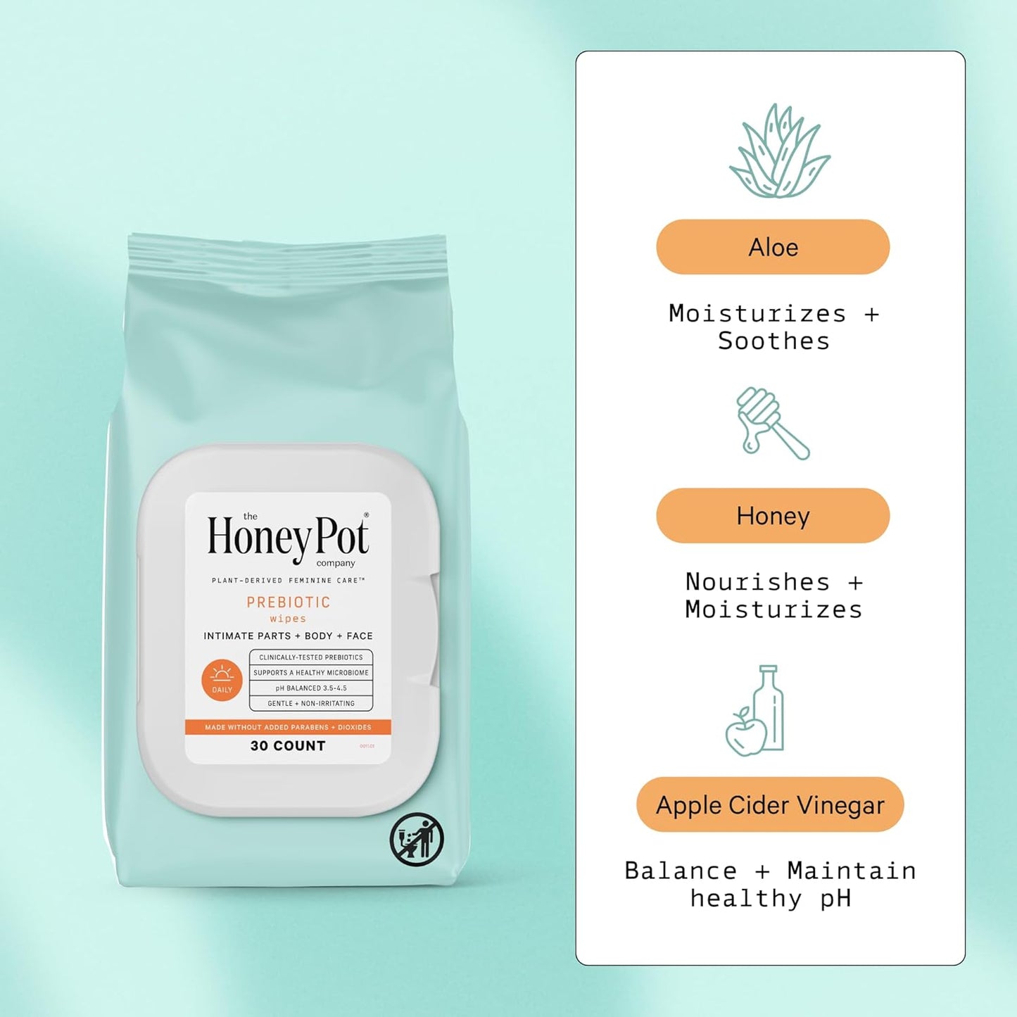 The Honey Pot Company - Prebiotic Feminine Wipes - Daily PH Balancing, Fragrance & Sulfate Free Wipes for Intimate Parts, Body, or Face - Hygiene Products - 30 ct.