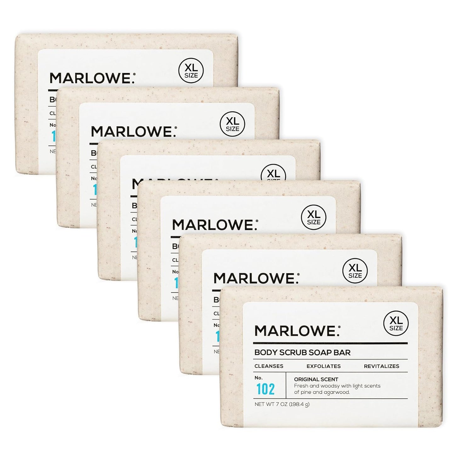 MARLOWE. No. 102 Body Scrub Soap 7 oz (6 Bars) Exfoliating Soap Bar with Shea Butter, Olive Oil & Green Tea, Cleanses & Smooths, Sage & Fir Scent