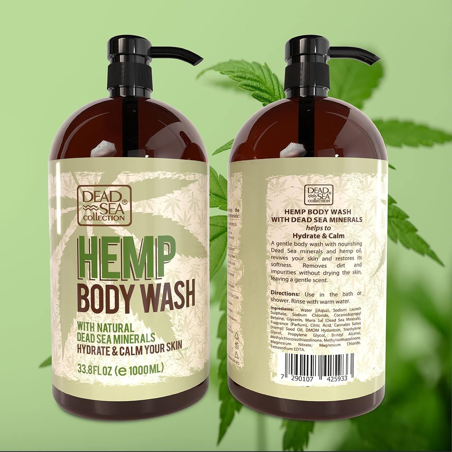 Dead Sea Collection Hemp Body Wash for Women and Men – Hemp Oil Infused with Dead Sea Minerals – Moisturizing Shower Gel for Dry & Sensitive Skin – 33.8 fl oz