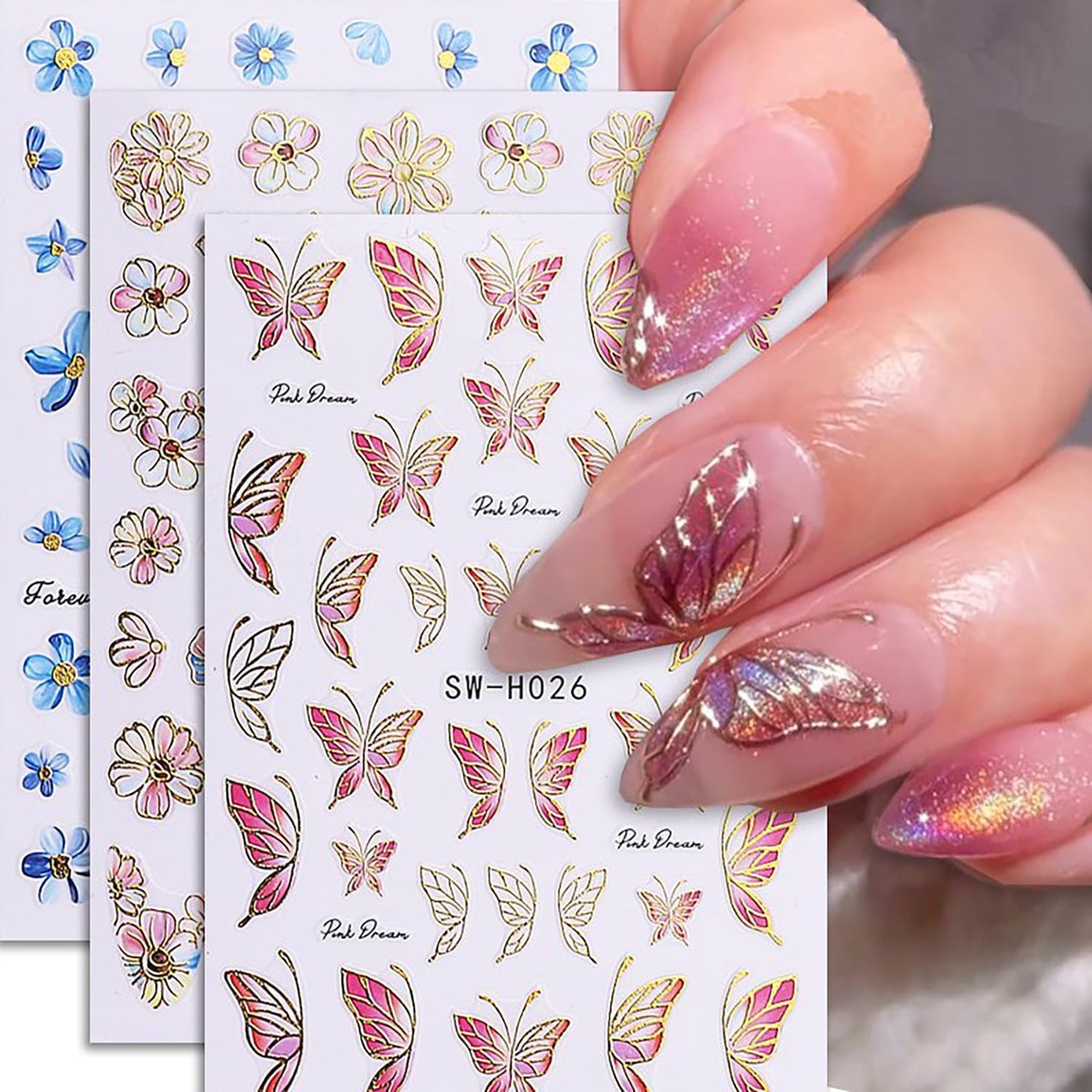 Flower Nail Art Stickers 3D Self-Adhesive Nails Sticker Butterfly Nail Art Decals Holographic Golden Floral Butterfly Nail Decal Decoration for Women Blue Blossom Manicure DIY Nail Sticker Supplies