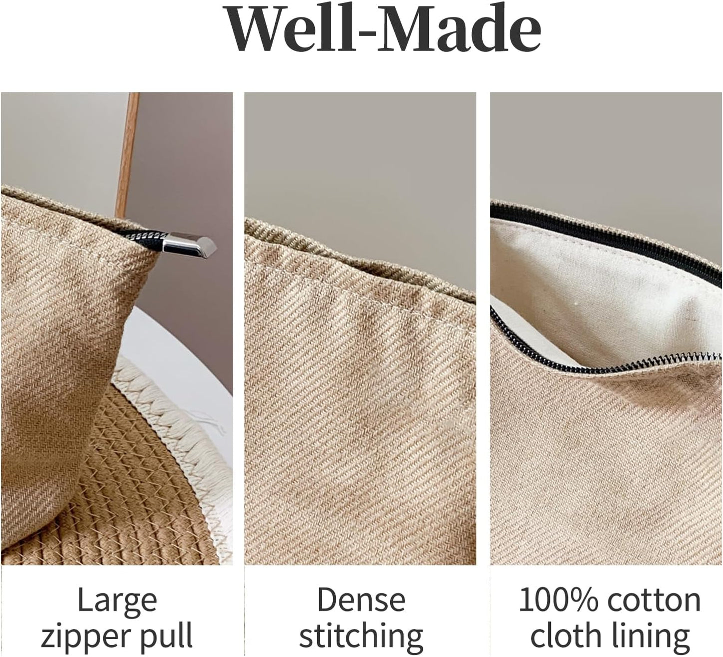 Bohemian Makeup Bag, Jute Cosmetic Bag, Large Zipper Pouch(10.6" * 7.1" * 2.8"), Solid Color Make Up Bag for Women, Perfect for Storing Makeup and Accessories, Makeup Bag for Daily Use Travel Gifting