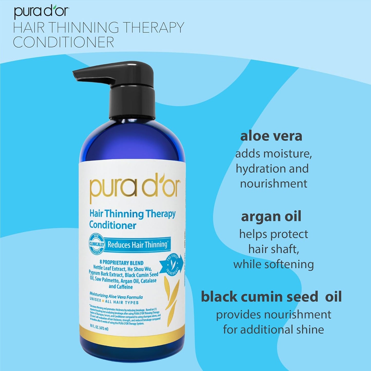 PURA D'OR Hair Thinning Therapy Biotin Shampoo and Conditioner Set, CLINICALLY TESTED Effective Results, Hair Thickening Products For Women & Men, Natural Routine, Color Safe, 16oz x2