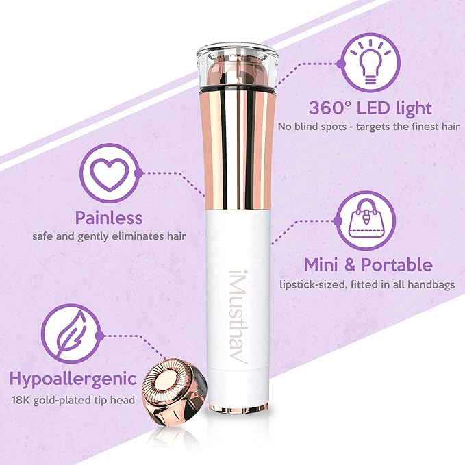 Mini Portable Facial Hair, Lips and Chin Remover Trimmer for Women, Facial Painless Epilator Pen, 18K gold-plated 13mm hypoallergenic rotary head. 360° LED light for Instant and Painless Hair Remover