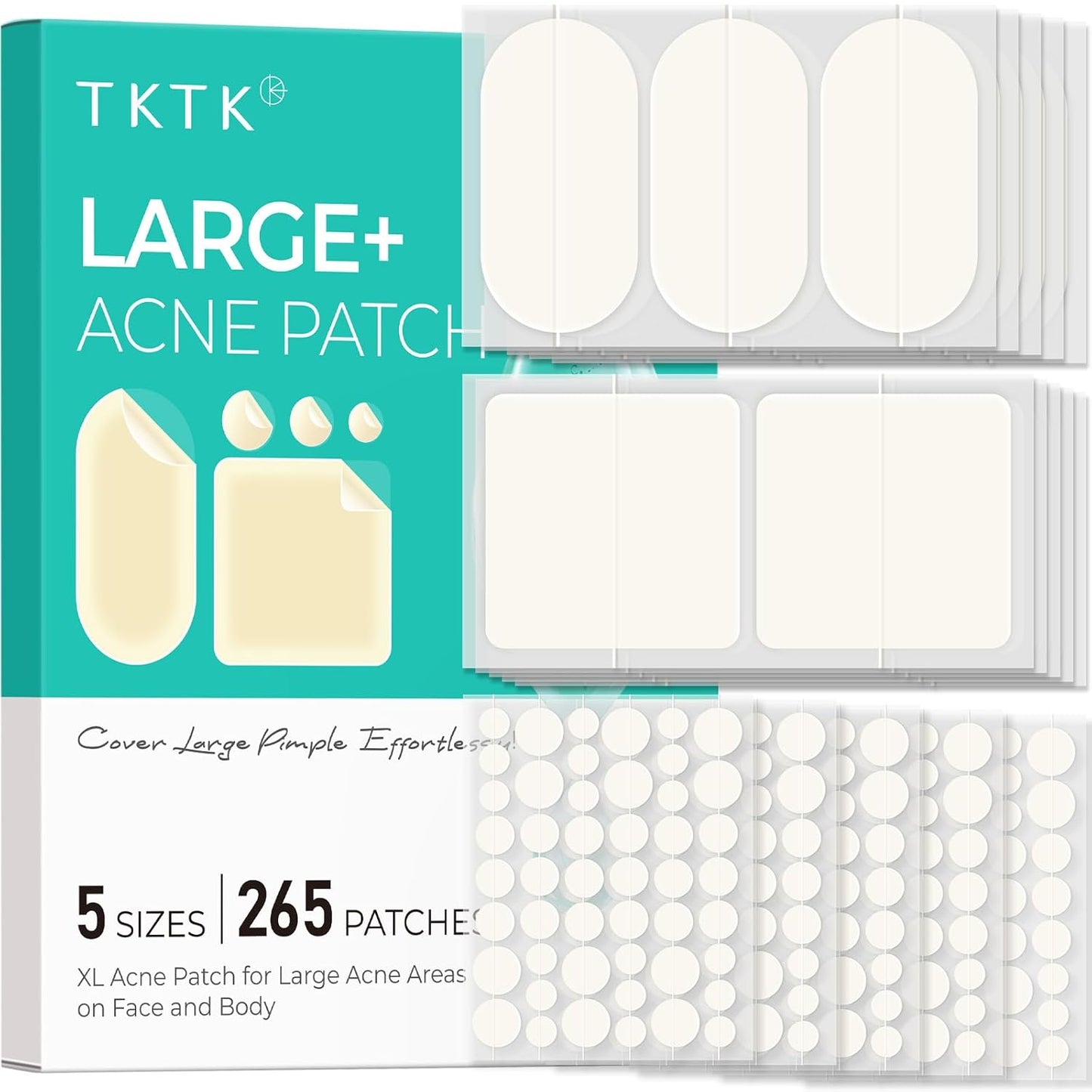 TKTK Large Pimple Patches for Face, 60 x 30 mm XL Acne Patches, Big Hydrocolloid Bandages for Body, Back, Forehead, Chin, Neck Blemish Zit Breakouts (Oval, Square, Dot 5 Sizes 265 Count)