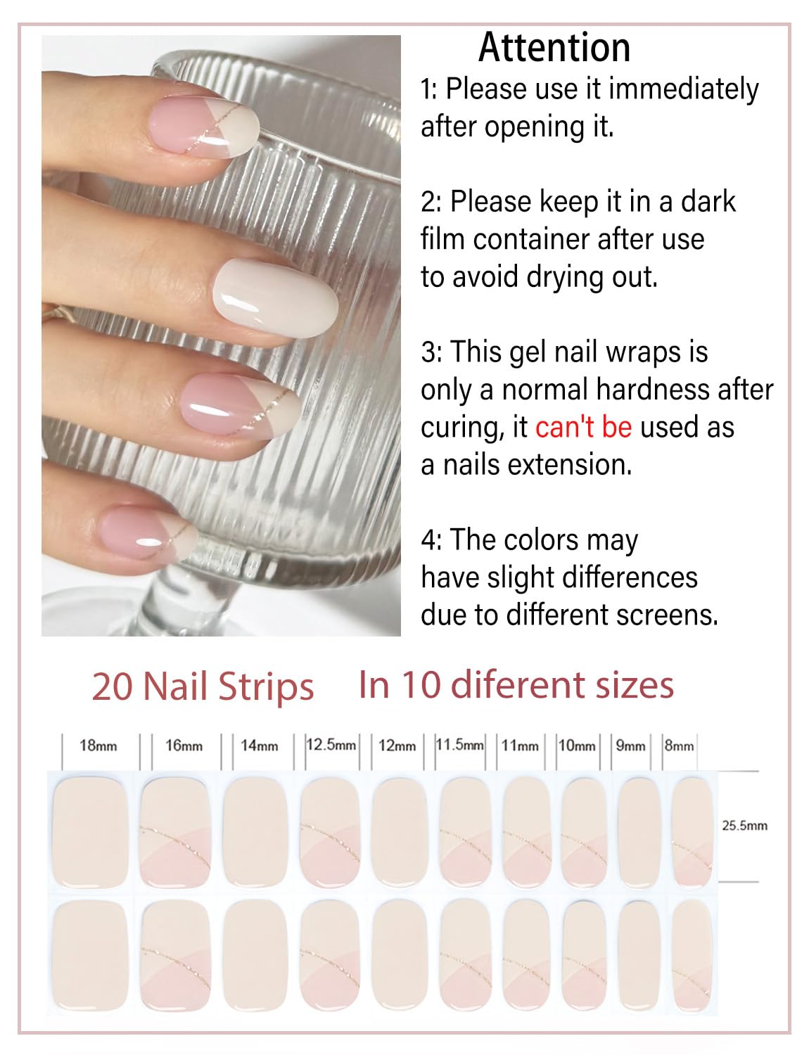 Semi Cured Gel Nail Strips, Irregular French, Beige 20pcs Gel Nails Sticker UV for Home Nails DIY