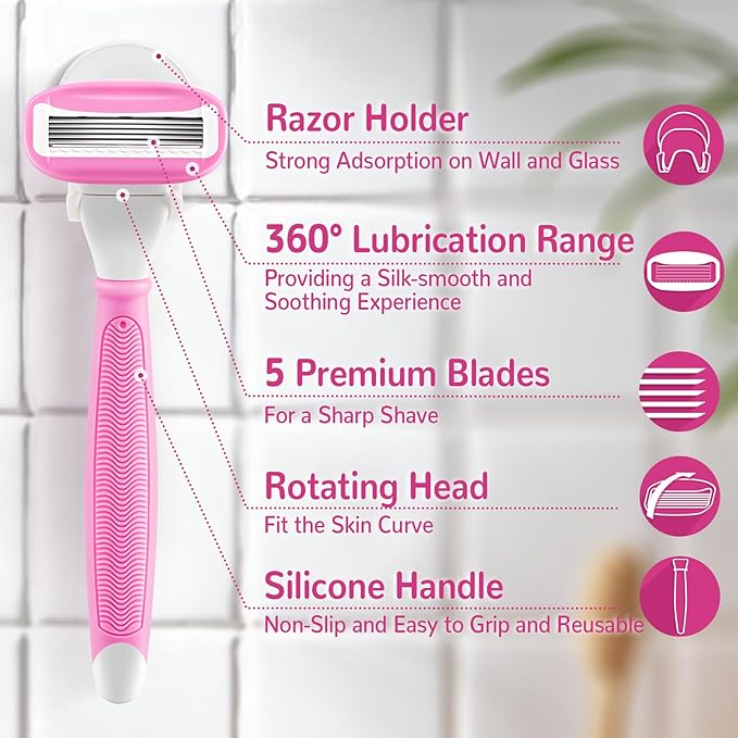 DreamGenius Razors for Women Include 1 Non-Slip Handles and 7 Blade Refills with a Shower Holder, 5 Premium Blades Women's Razors for Shaving with 360° Lubrication Reduces Irritation, Pink