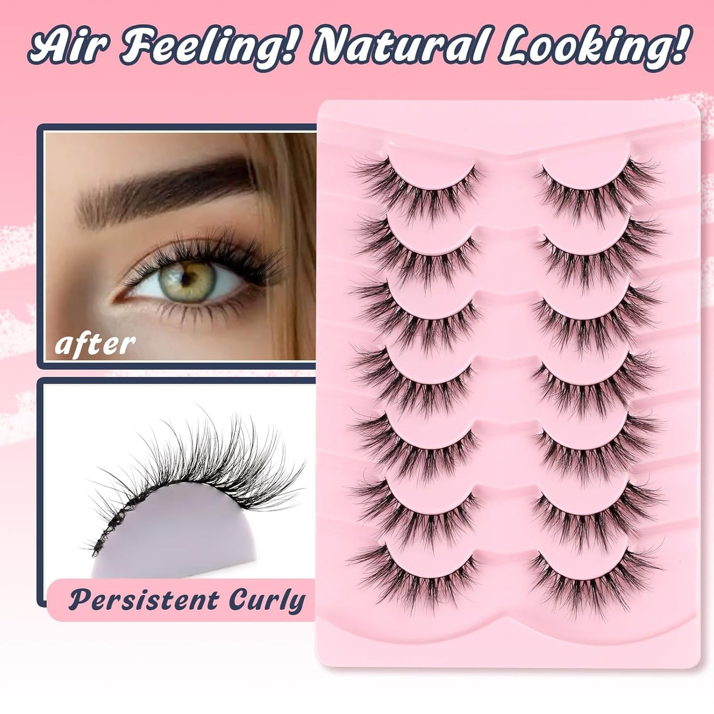 Lashes Natural Cat Eye Lashes Wispy Eyelashes 15mm False Eyelashes Wispy Lashes 3D Volume Strip Eyelashes Thin Cotton Band Soft Fake Eyelashes False Lashes Pack 7 Pairs Siligli