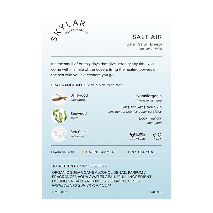 Skylar Salt Air Eau de Parfum - Hypoallergenic & Clean Perfume for Women & Men, Vegan & Safe for Sensitive Skin - Fresh Perfume with Notes of Driftwood, Sea Salt & Seaweed - 50mL /1.7 Fl oz