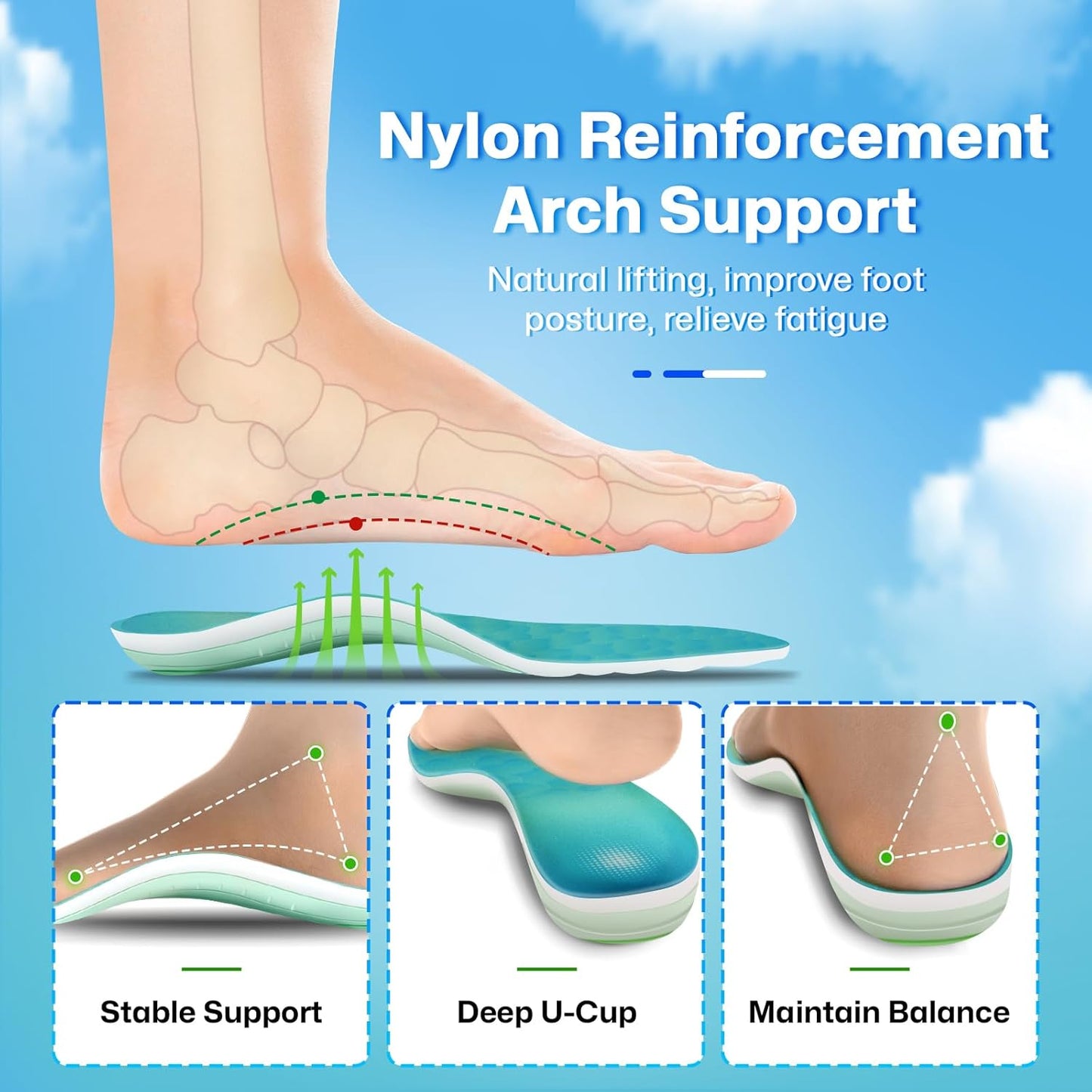 Supercritical Foaming Arch Support Inserts for Men Women, Lightweight Running Sport Insoles, Shock Absorption Athletic Inserts, Plantar Fasciitis Insoles, Relief Flat Feet, Standing All Day - S