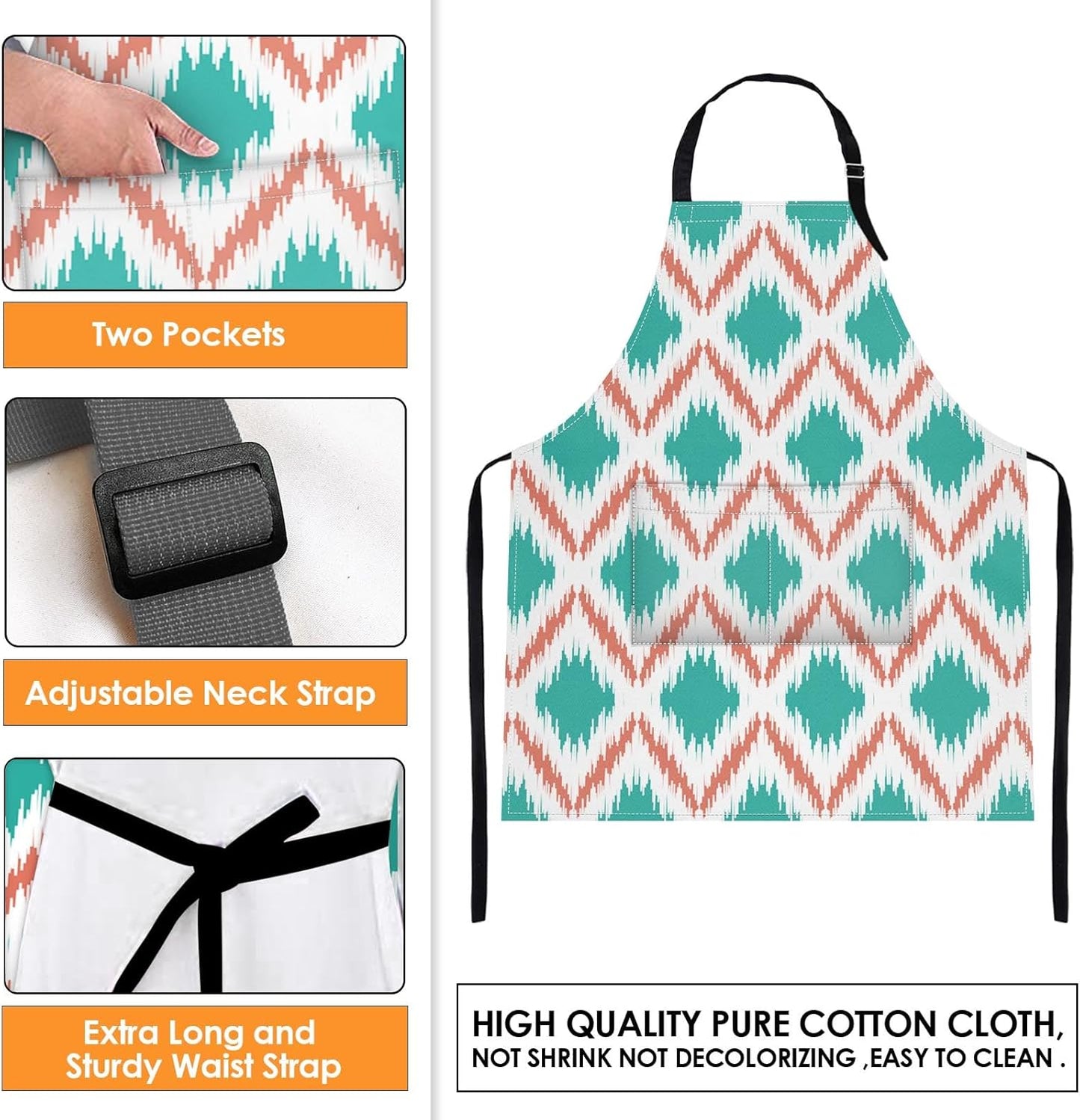 Britimes 2 Pack Aprons, Dahlia Flower Geometric Plaid Adjustable Bib Aprons with 2 Pockets for Women Men Couple Lovers Chef Home Kitchen Cooking Baking Gardening Coral Teal Chevron Apron 32x28 Inches