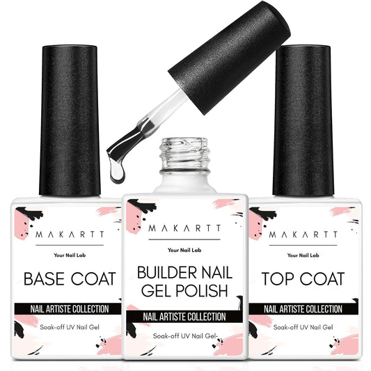 Makartt 3Pcs Builder Nail Gel with Top and Base Coat, Clear Gel Builder Kit for Nails Apex Building Thickening Strengthener Extension Rhinestone in a Bottle, UV Light Lamp Required