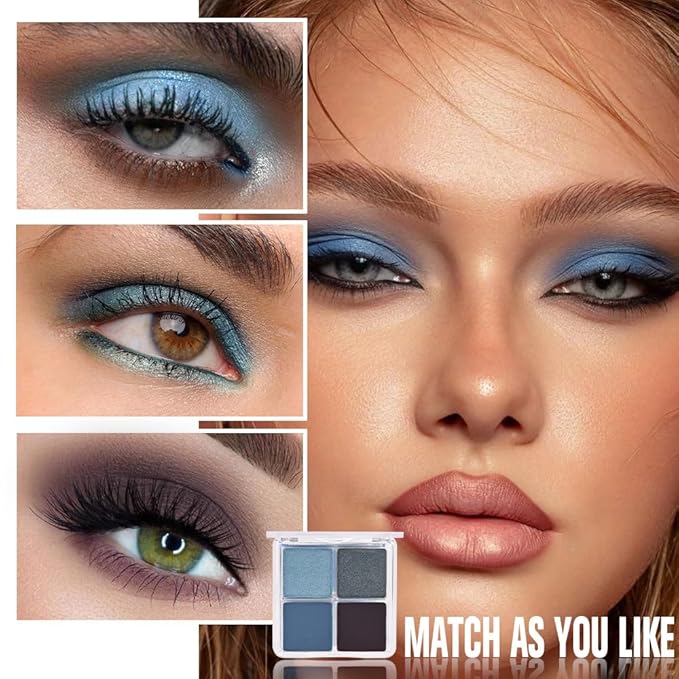 Kaely Powder Eyeshadow Quad, Blue Taupe Matte Glitter Eyeshadow Palette Makeup, Neutral Eye Shadow Palette for Older Women Pigmented Waterproof, sombras para ojos, Blendable, Cruelty-free, 13