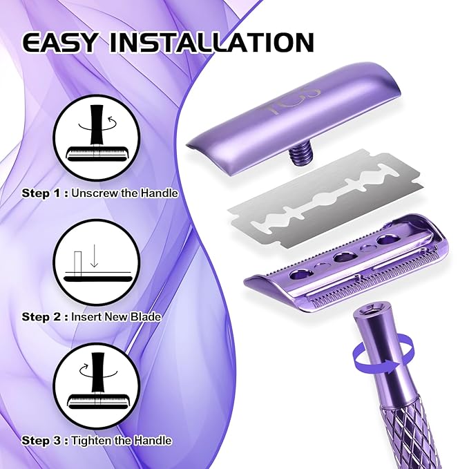 Double Edge Safety Razor for Women Purple with 10 Blades and Silicone Cover - Durable Metal Eco-Friendly Single Blade Razor - Closed Smooth Shave
