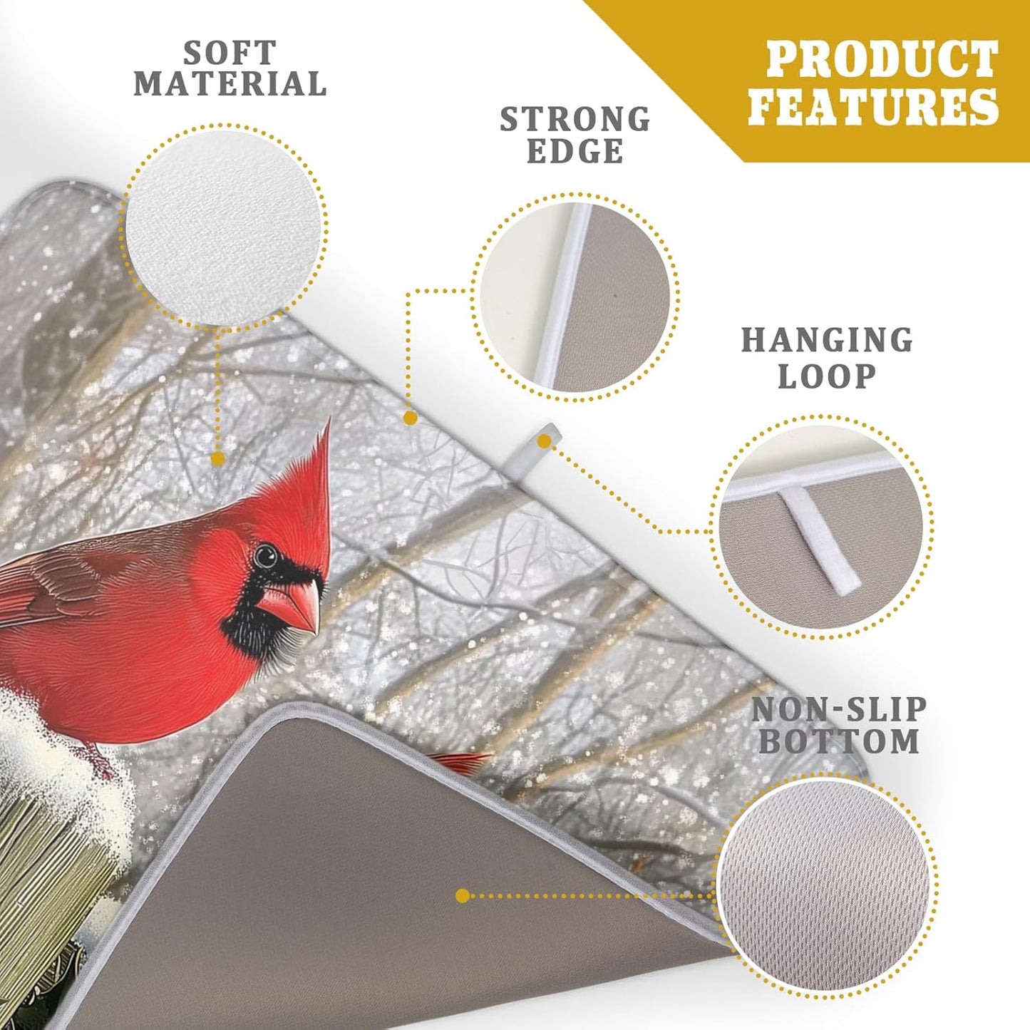 Winter Birds Dish Drying Mat Red Berry Dish Drainer Rack Mat Microfiber Absorbent Dish Drying Pad for Kitchen Counter Coffee Bar 18x24 Inch