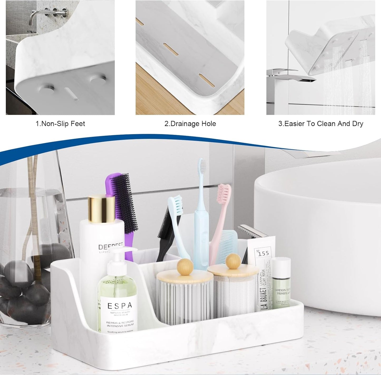 Marble Bathroom Countertop Organizer - Silicone Bathroom Vanity Countertop Organizer - Tooth Brush Organizer With 2PCS Qtip Holder Dispenser - Toothpaste Holder Drainage - Bathroom Essentials
