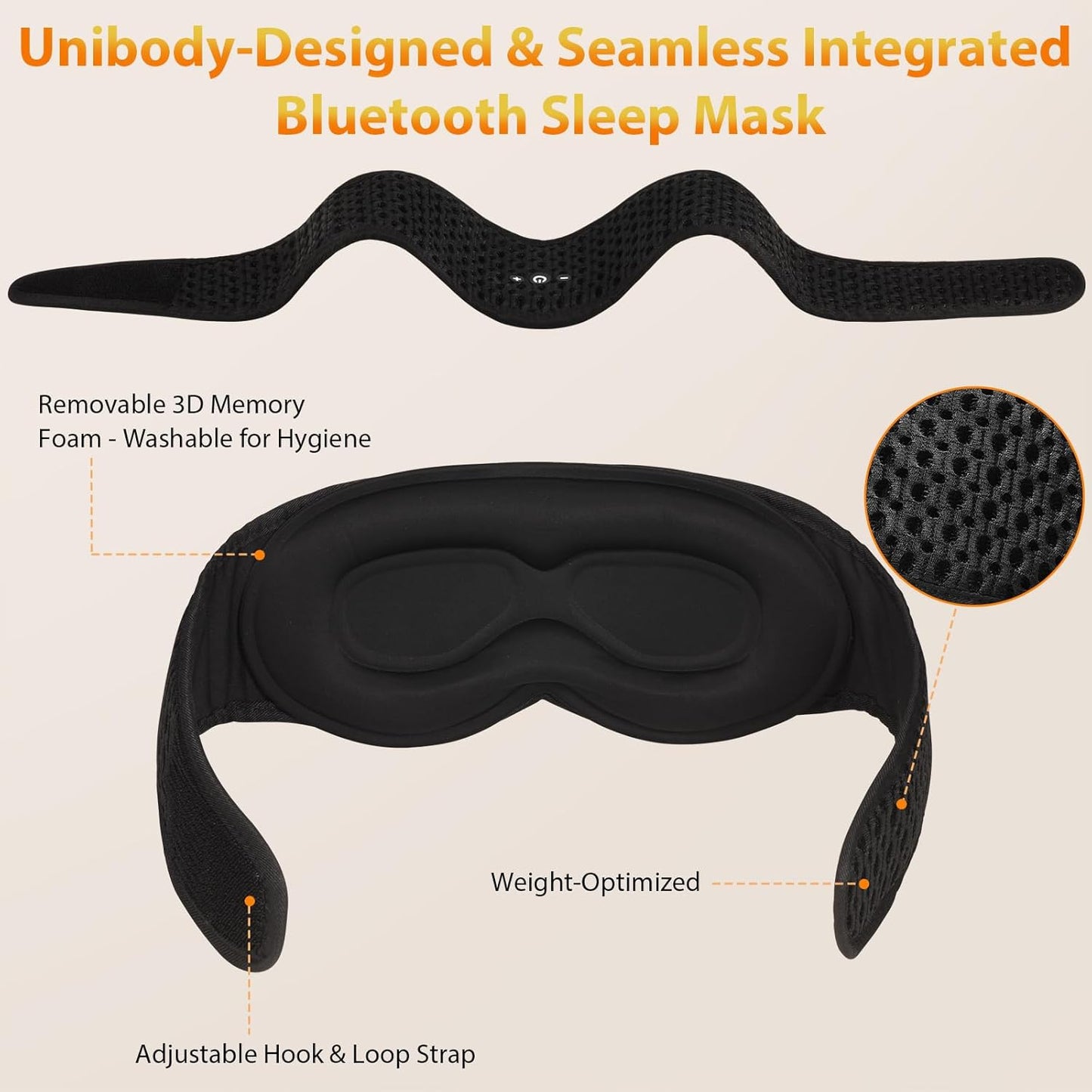 Bluetooth Sleep Mask HF016 Sleep Headphones with Detachable & Washable 3D Contoured Eye Mask, Integrated Adjustable Hook-and-Loop Eye Masks for Sleep, Perfect for Men/Women/Teens Sleep Gifts