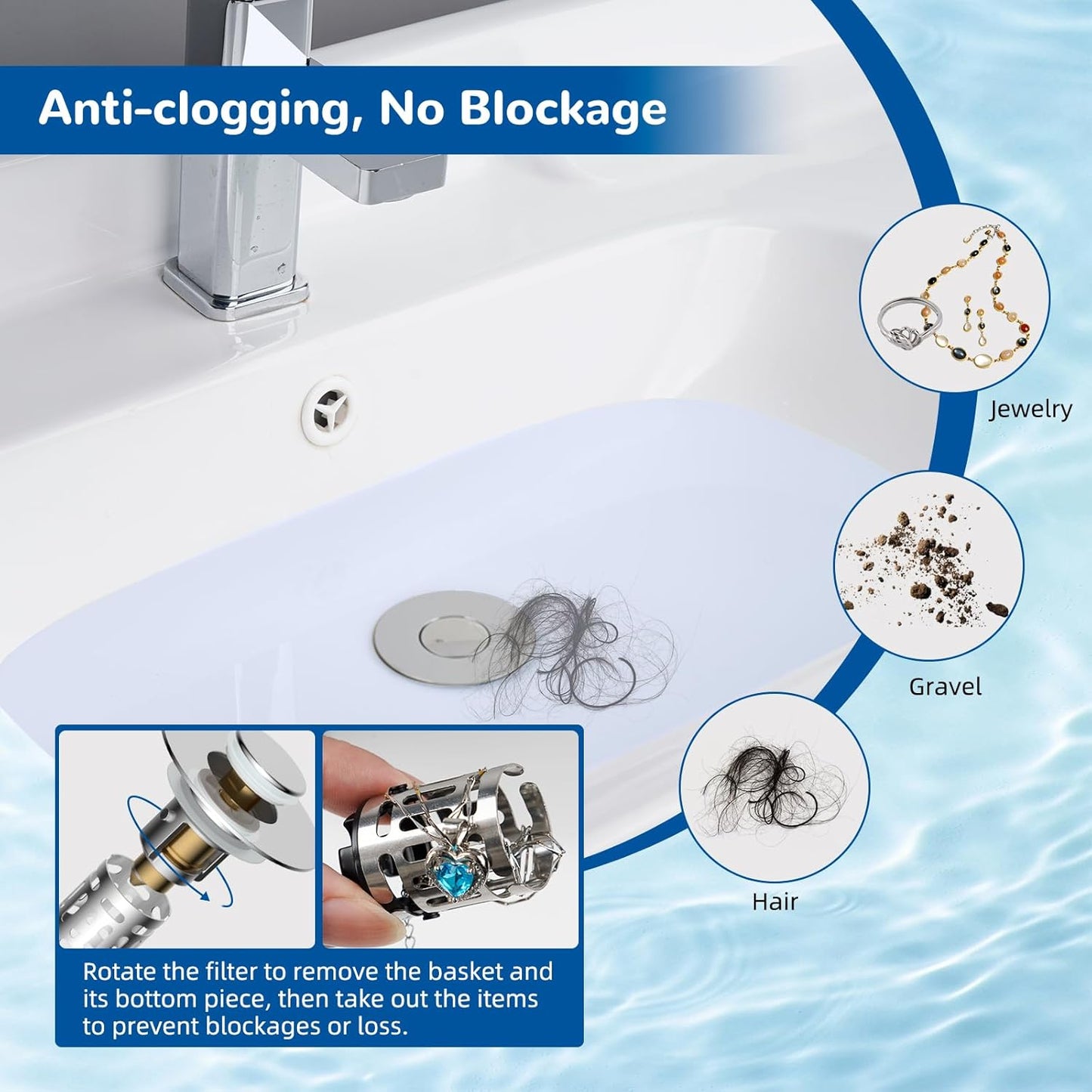 Hibbent 3 Pack Upgraded 3 in 1 Bathroom Sink Drain Strainer, Universal Pop Up Stopper with Removable Stainless Steel Filter Basket Hair Catcher, Sink Plug for 1.1''~2.36'' Basin, Brass Core, Chrome