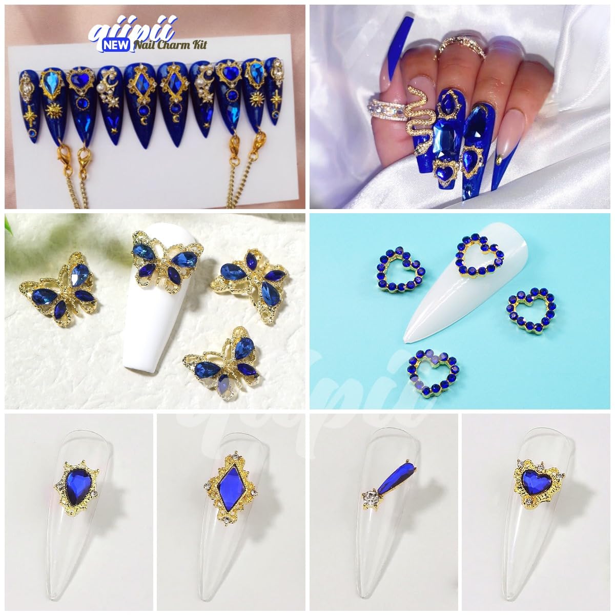 24pcs Blue Luxury Nail Charms +2000pcs Sapphire Rhinestones 3D Big Nail Gems K9 Glass Royal Blue Nail Crystals Diamonds Jewelry Stones Alloy Nail Art Studs Decor Supplies Heart Charms for Nails Crafts