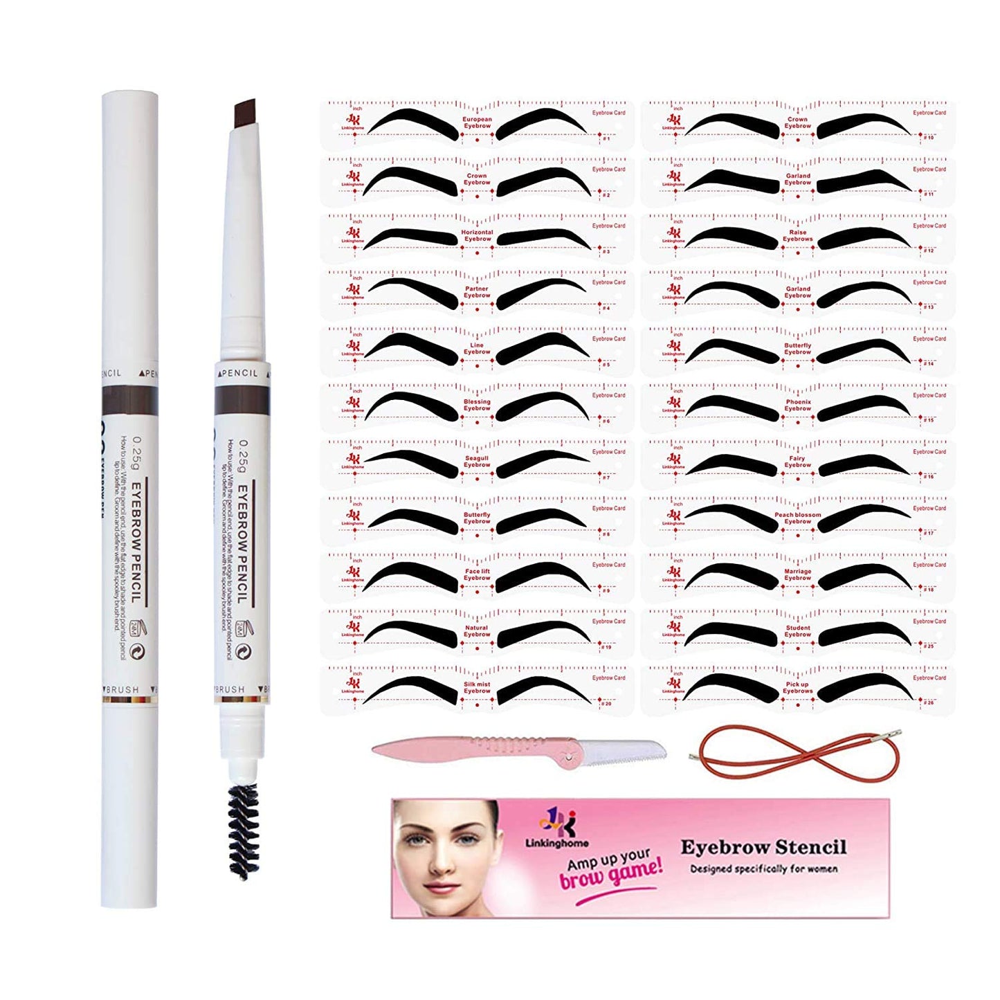 Eyebrow Stencil & Eyebrow Pencil, 30 Eyebrow Shaper Kit, Reusable Eyebrow Template With Strap & Eyebrow Razor, Waterproof Eyebrow Pen, 3 Minutes Makeup, Suitable for 98%