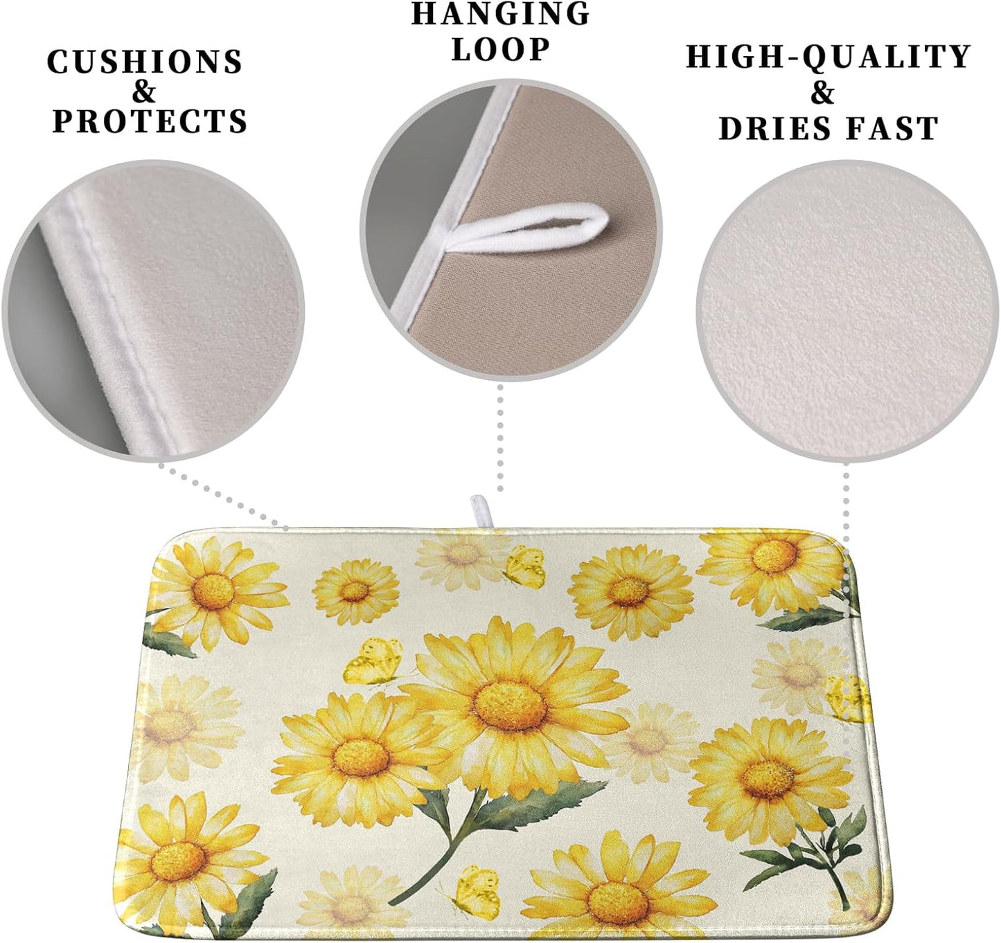 Yellow Sunflower Dish Drying Mat for Kitchen Counter Summer Daisy Floral Dishes Pad Farmhouse Flower Dish Draining Microfiber Absorbent Dish Drainer Rack Mat Large 16x18 Inch