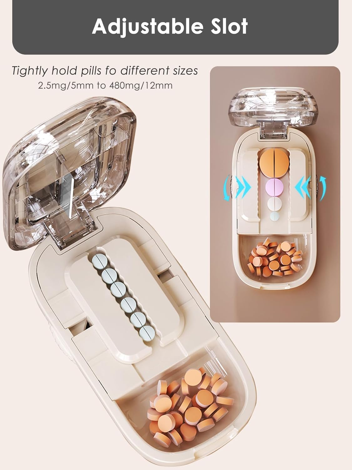 Pill Cutter Splitter for Small and Tiny Pills - Adjustable Pill Splitter with Centering Device for Cutting Multiple Pills, Precision Alignment, Easy to Use and Travel Sized, (1/2 White)