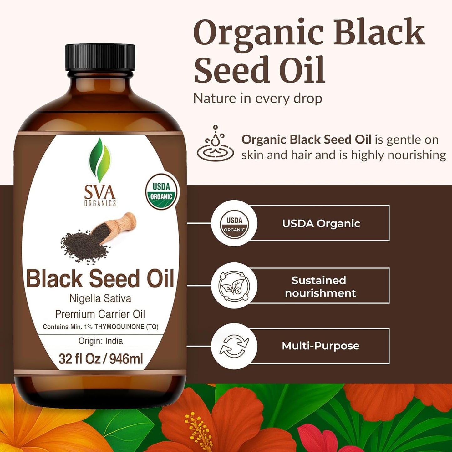 SVA Black Seed Oil Organic - 32 Fl Oz – 100% Natural Cold Pressed Organic Black Seed Oil - for Face, Skin Care, Hair Care, Scalp Massage & Body Massage – Carrier Oil