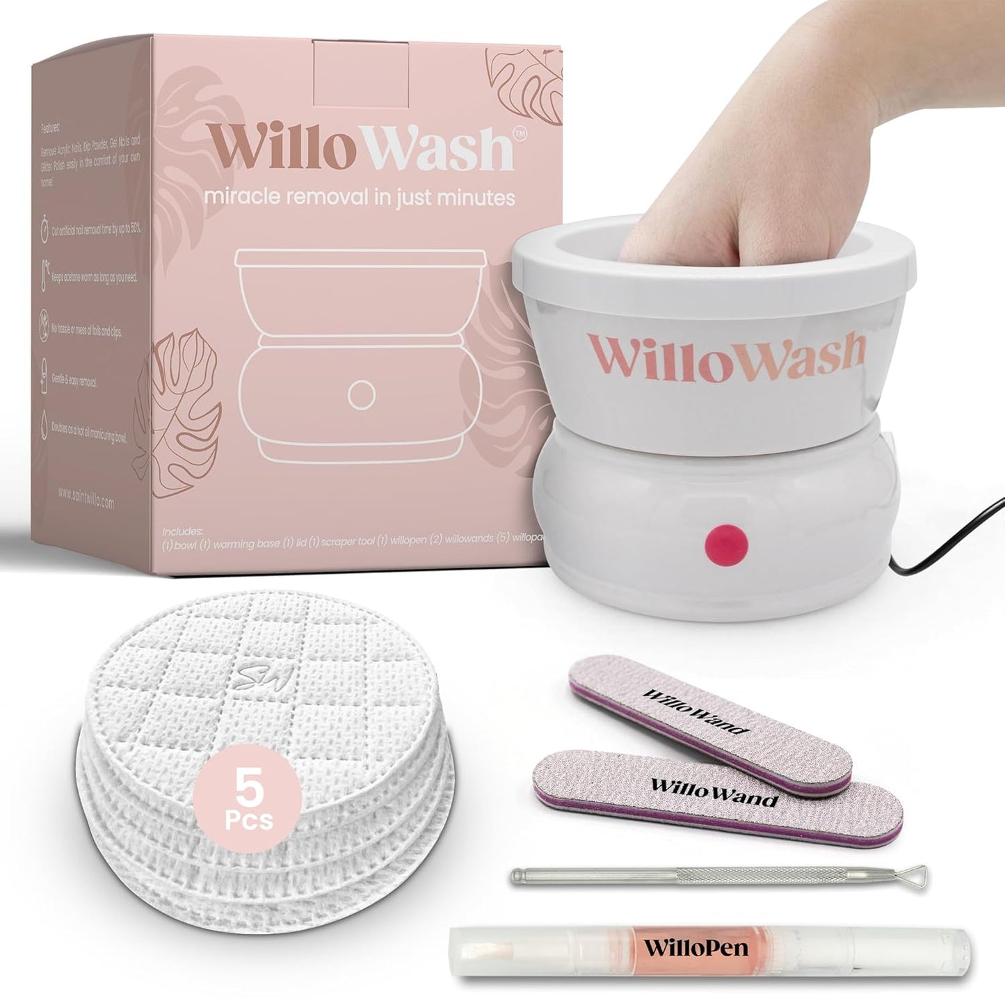 Willowash Electric Nail Soaking Bowl – Acetone-Proof Acrylic Nail Remover Kit for Home – Dip Powder & Acrylic Soak Off Bowl – 100% Pure Acetone Warmer Machine, Manicure Soaking Bowl with Tools
