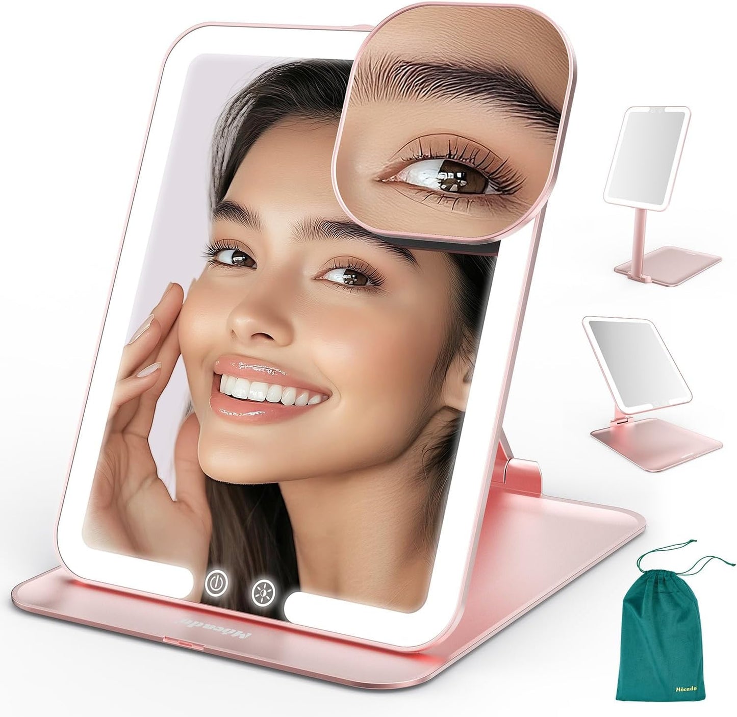 Mocado Travel Makeup Mirror with Light - 7x5 Inches Tripple Folding Travel Mirror with Light, 3 Colors Lighted Makeup Mirror, Portable Makeup Mirror, Freely Adjust Height and Angle(Rose Gold)