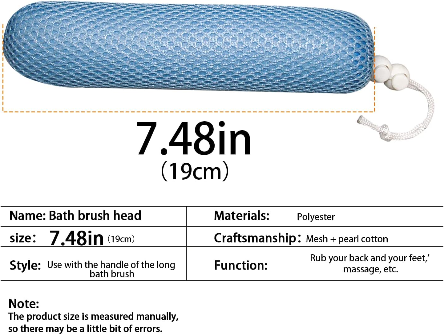 Bath Brush Head with Sponge,Back Scrubber Bath Mesh Bath Body Brush Head for Elderly Aid Bathing and Shower (Blue Head)
