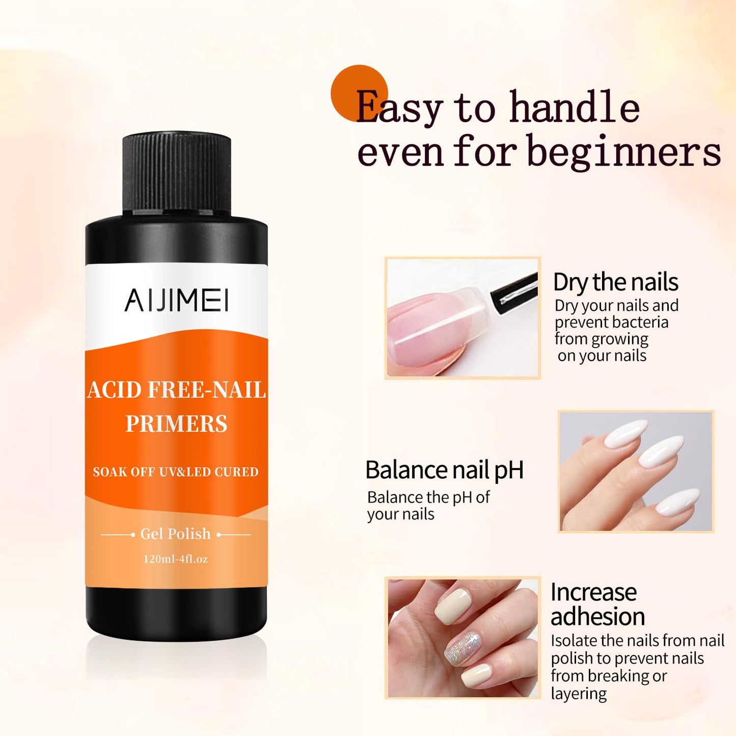 AIJIMEI Nail Primer for Gel Polish Nail Primer for Stronger Nails, Nail Care Compatible with All Polishes Nail Art Enhance Adhesion and Extend Gel Manicure Wear4 Fl Oz