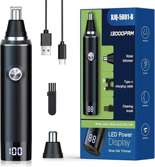 Ear & Nose Hair Trimmer with LED Display for Men Women,Painless USB Rechargeable Eyebrow & Facial & Nose Hair Trimmer Clipper,Professional IPX7 Waterproof Dual Edge Blades 12500 RPM (Black)