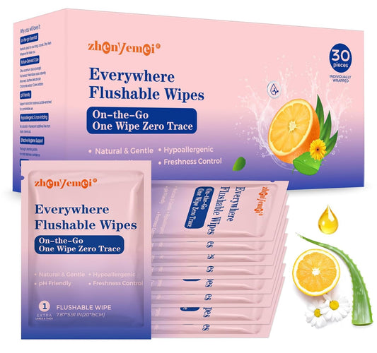 Thickened Flushable Wipes 60 Counts - ON-THE-GO Individually Wrapped for Women Men I Wet Wipes for Butt Travel Toilet Bathroom Thicker & Big for Adult Oranea Dulca & Aloe - Septic Sewer Safe