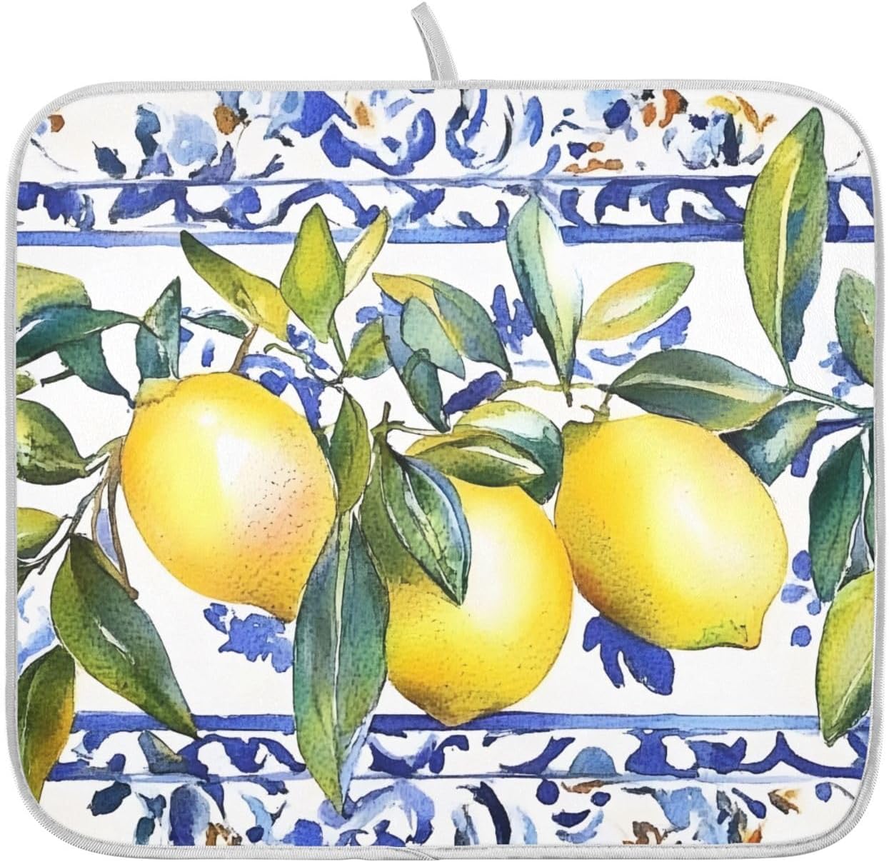 Lemon Olive Tree Italian Tile Dish Drying Mats for Kitchen Counter Absorbent Microfiber Dish Drying Matt 16 x 18 Inch Draining Reusable Rack Pad