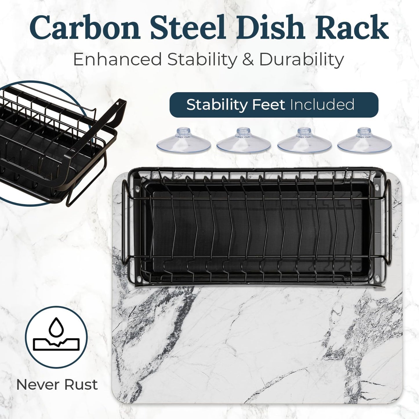 AquaTerra Diatomaceous Earth Drying Mat with Matching Sponge Caddy & Dish Rack | 3-Piece Set (White Marble, Large) | Heat-Resistant & Multi-Purpose for Drying and Kitchen Organization