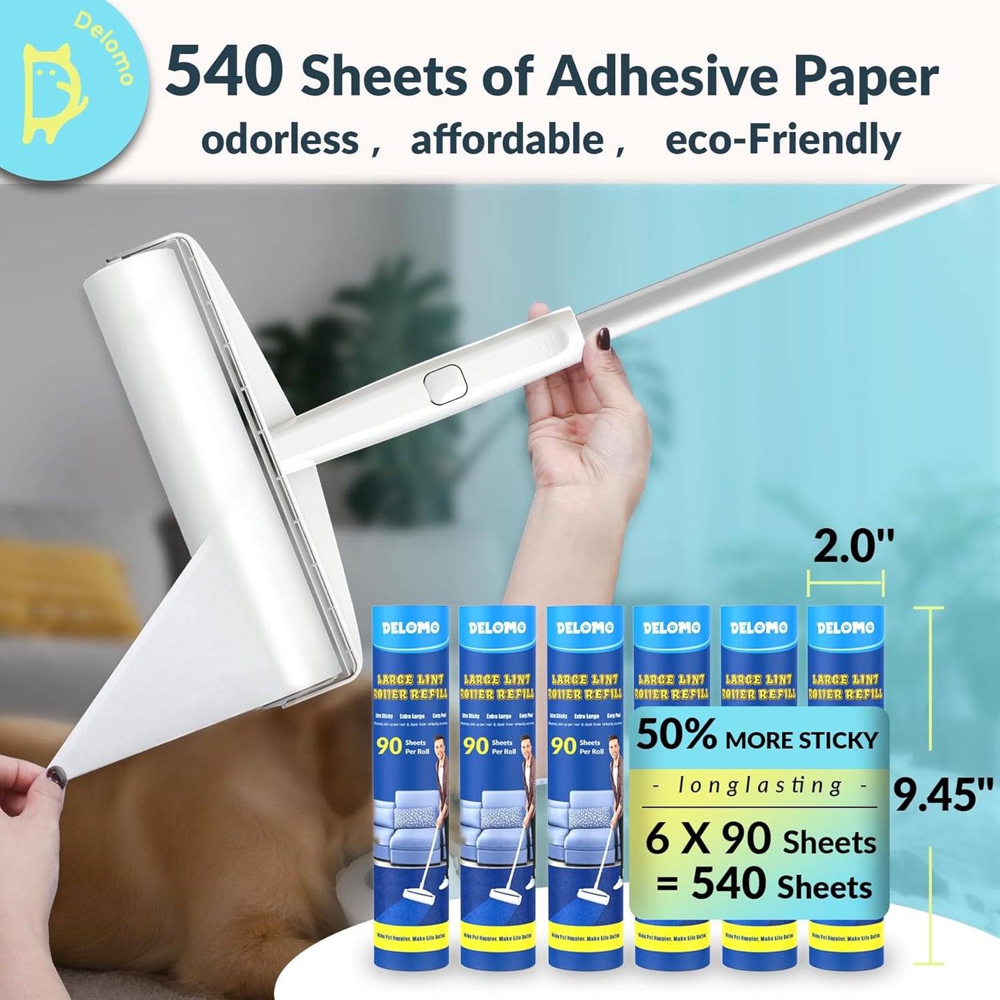 Lint Roller Refills (6 Pack, 540 Sheets) – DELOMO 9.45 in Large Lint Roller Refill, Compatible Only with DELOMO Floor Lint Roller, for Cleaning Carpets, Cars, Clothing & Pet Hair