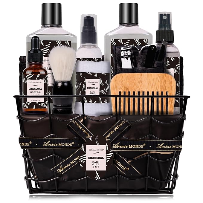 Valentines Day Gifts for Men Spa Gifts for Men, Charcoal Bath and Body Gift Set for Men, 10 Pcs Spa Kits Ideal Birthday, Christmas. Men's Relaxation Bath Baskets, Self Care Kit