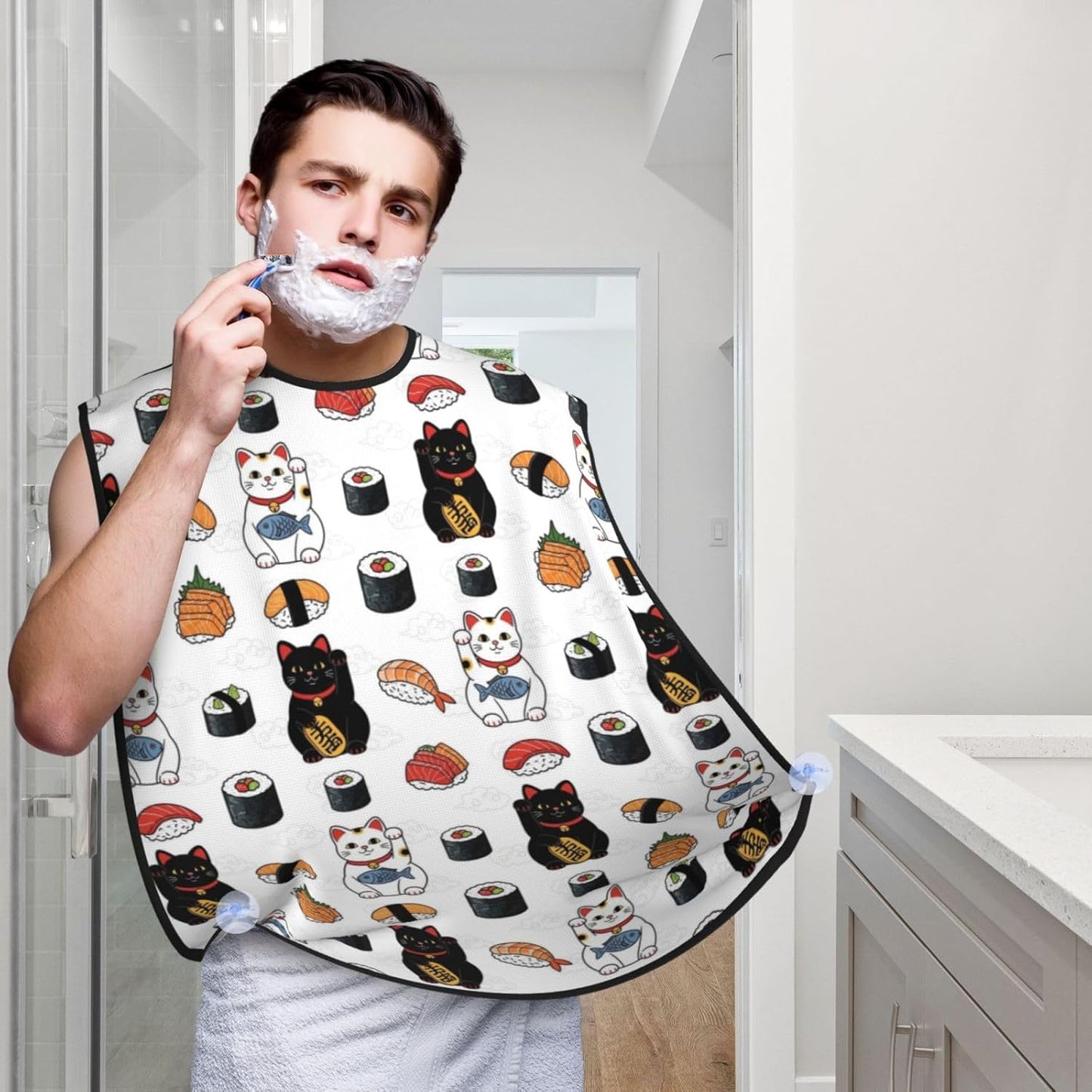 Men's Beard Maintenance Apron, Waterproof & Easy Clean, Japanese Sushi and Lucky Cat
