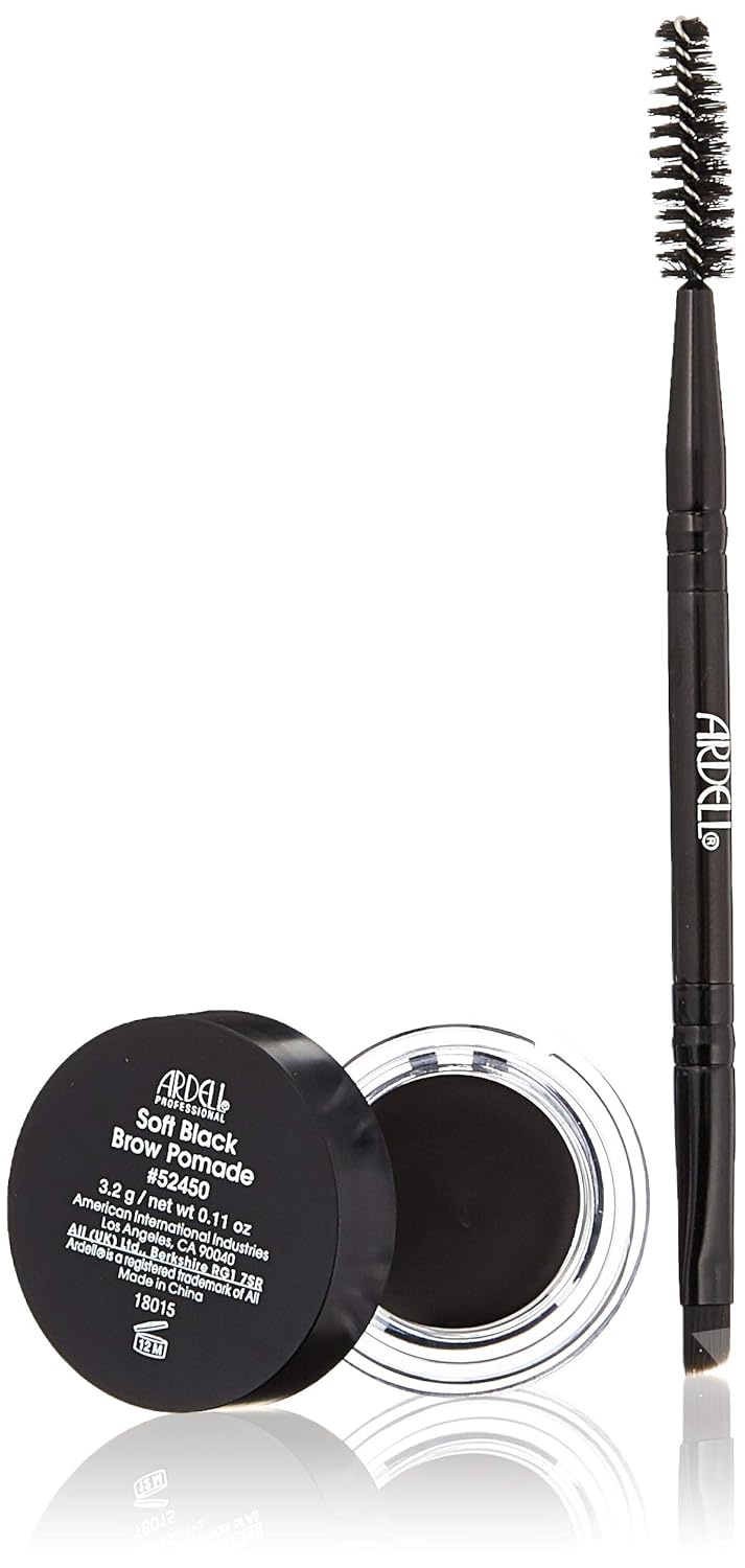 Ardell Brow Pomade - Soft Black, Smudge-Proof Long-Lasting Eyebrow Makeup, with Dual-Ended Precision Brush and Spoolie for Defined and Natural Brows, 1 Pack