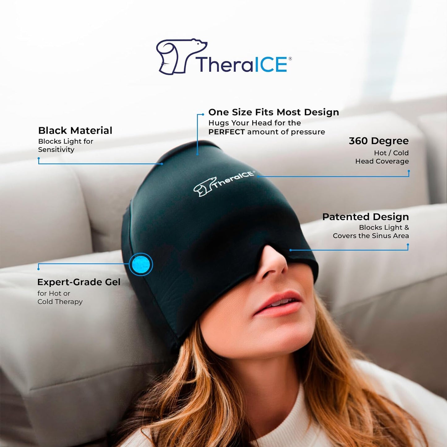 TheraICE Migraine Relief Cap, Soothing Headache Hat Ice Pack Mask, Face Cold Compress Cooling Gel Head Wrap Products for Tension, Stress & Hangover