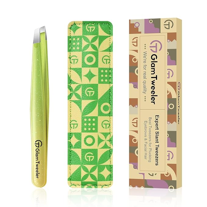 Expert Eyebrow Hair Removal Tweezer with Leather Case, GlamTweeler High Precision Slant Tip Stainless Steel Tweezers for Men and Women (Sparkle Apple Green & Yellow)