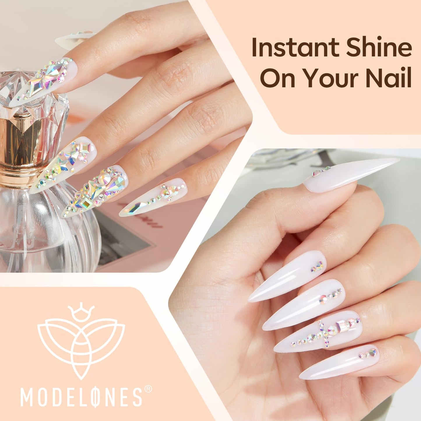 Modelones Manicure Tables Supports Growth 4-in-1 Rhinestone Glue - Super Strong for Press On Nails, Gems, Charms & Rhinestones, No Wipe Nail Art Glue, 30g Cured Needed