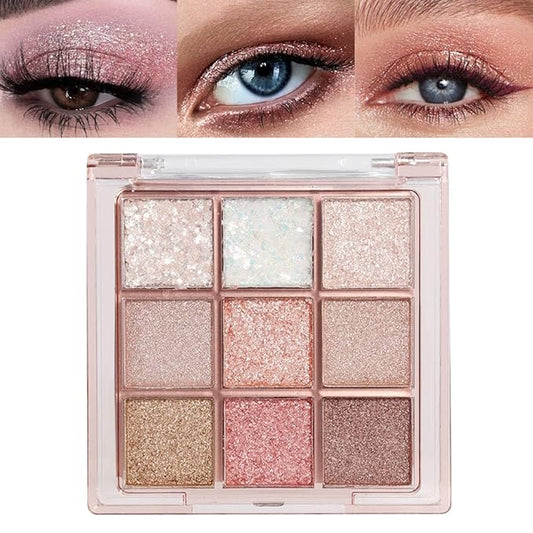 9 Colors Glitter Eyeshadow Palette Naturing-Looking Women Girls Eye Shadow,Pink White Gold Glitter Shimmer Sparkly Eye Shadow Palette Makeup,Warm Pastel Eyeshadows Palette Long Lasting Waterproof