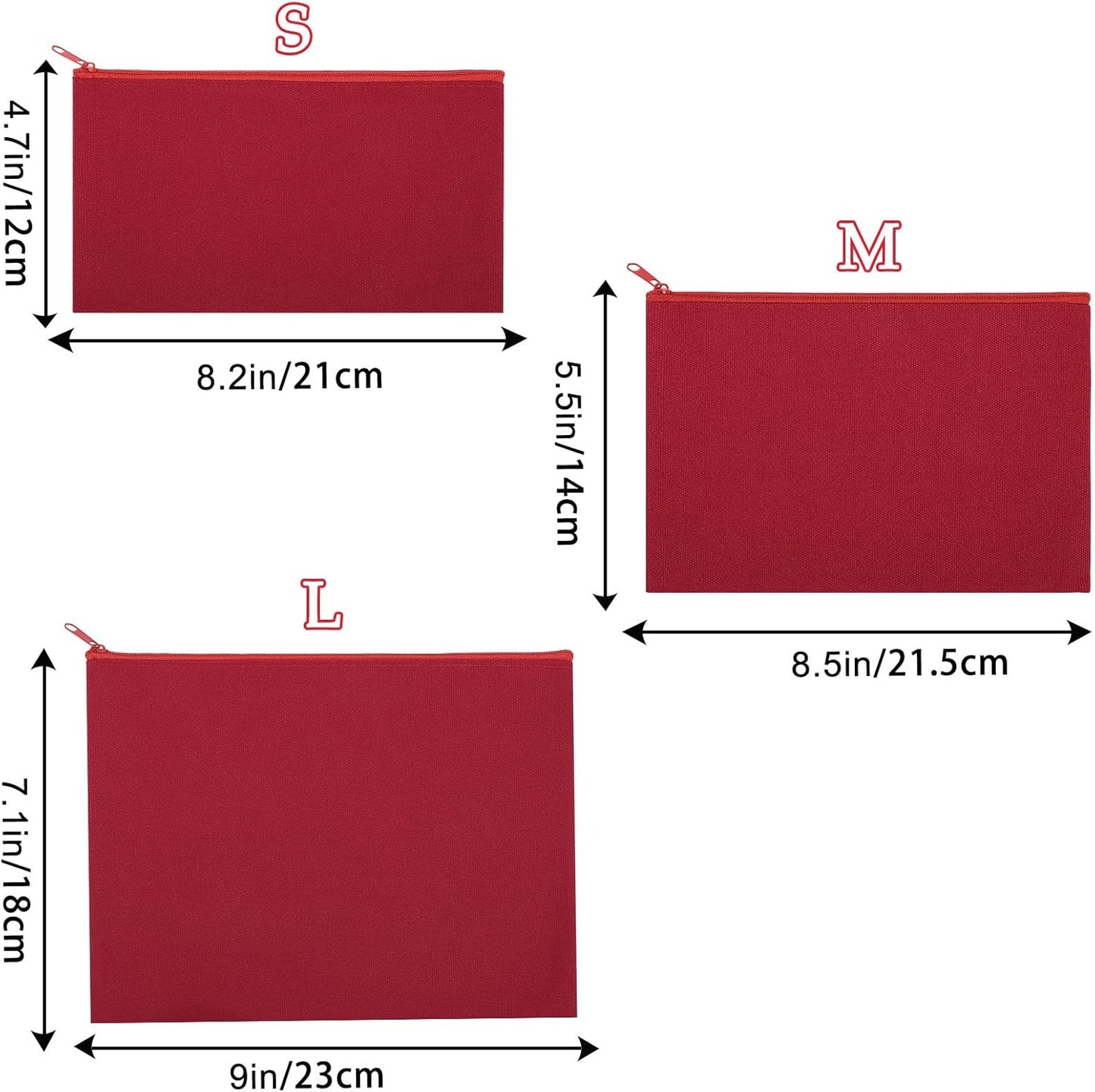 12 Pieces Cotton Canvas Makeup Bag, Multipurpose Cosmetic Bag with Zipper Travel Toiletry Pouch, Blank DIY Craft Bag (Red, M)