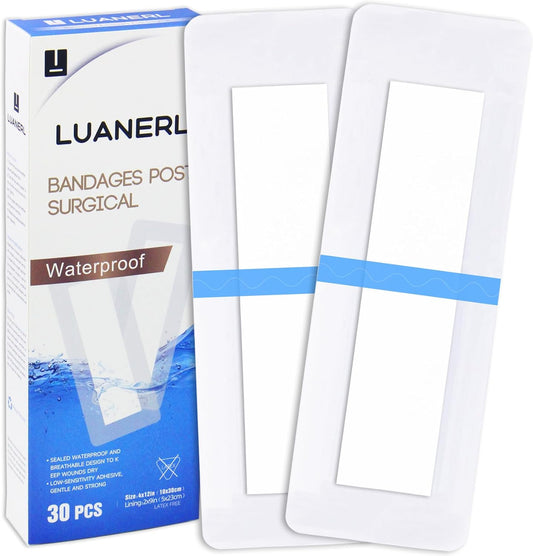 30 Pack 4"x12" Waterproof Adhesive Island Dressing for Post-Surgery Recovery | Sterile Bordered Gauze Bandages with Non-Stick Pad for Knee/Hip Replacement, Surgical Incision Care & Shower Protection