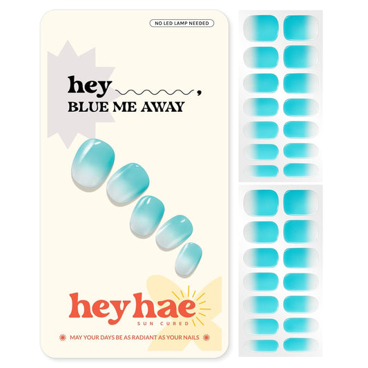 Semi Cured Gel Nail Strips | No LED Lamp Needed | Ombre, Blue, Spring | Easy Apply & Remove, Salon Quality | Includes 28 Strips, 1 Prep Pads, Nail File & Wooden stick - Hey, Blue Me Away