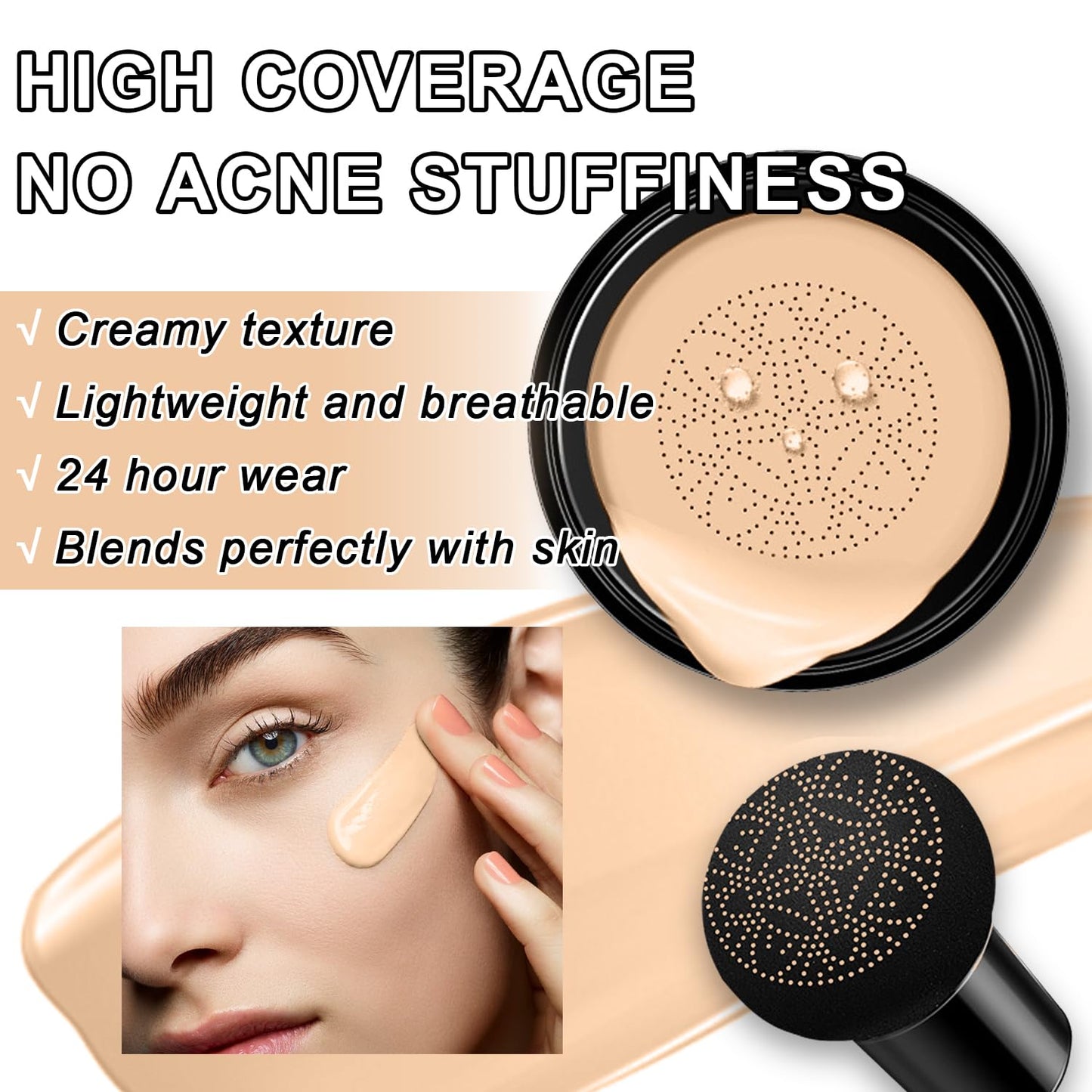 Mushroom Head Air Cushion BB Cream CC Cream Moisturizing Liquid Foundation, Concealer - Lasting Makeup Base for Even Skin Tone (#02 Natural)